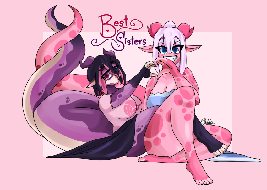 &lt;3 absurd_res anthro big_tail bottomwear breasts cleavage clothed clothing dragon dress duo entwined_tails feet gesture gynomorph_(lore) hair hand_heart hi_res horn intersex lilikoi_gumi lychee_gumi on_lap rodd.y sharp_teeth shirt sibling simple_background sister sisters sitting sitting_on_another sitting_on_ground sitting_on_lap skirt smile t-shirt tail tail_coil teeth text toes topwear