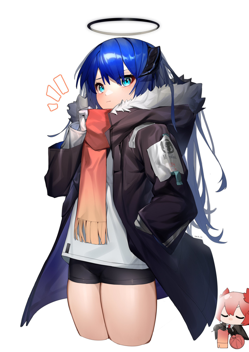 2girls absurdres arknights bangs black_jacket black_shorts blue_eyes blue_hair character_name chibi chibi_inset closed_mouth commentary_request cool_est cropped_legs dated demon_horns expressionless fiammetta_(arknights) fur-trimmed_hood fur_trim gloves gradient_scarf halo hand_in_pocket hand_up highres hood hood_down hooded_jacket horns jacket knitting knitting_needle long_hair long_sleeves looking_at_viewer mostima_(arknights) multiple_girls needle open_clothes open_jacket red_hair red_scarf scarf shorts simple_background solo_focus white_background white_gloves yarn yellow_scarf