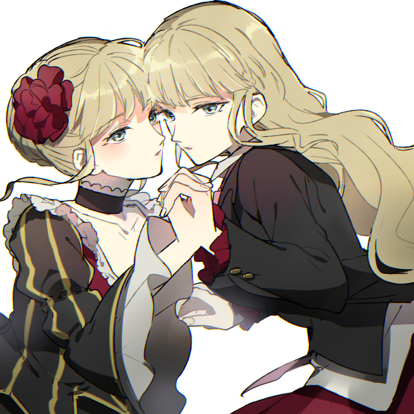 2girls absurdres beatrice_(umineko) black_dress blonde_hair choker collarbone commentary_request dress dual_persona flower frilled_choker frilled_sleeves frills green_eyes hair_bun hair_flower hair_ornament highres holding_hands long_hair multiple_girls red_skirt skirt sofy umineko_no_naku_koro_ni