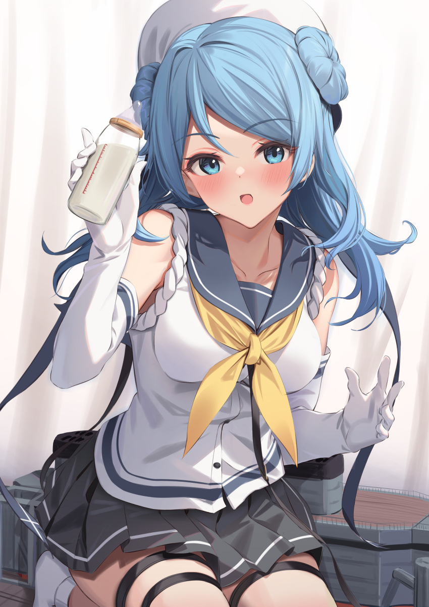 1girl absurdres baby_bottle black_skirt blue_eyes blue_hair bottle breasts double_bun elbow_gloves gloves hair_bun hat highres hiroshimaben holding holding_bottle kantai_collection kokenashi medium_breasts milk_bottle miniskirt neckerchief pleated_skirt sailor_hat school_uniform serafuku skirt sleeves_rolled_up solo thigh_strap urakaze_(kancolle) white_gloves white_headwear yellow_neckerchief