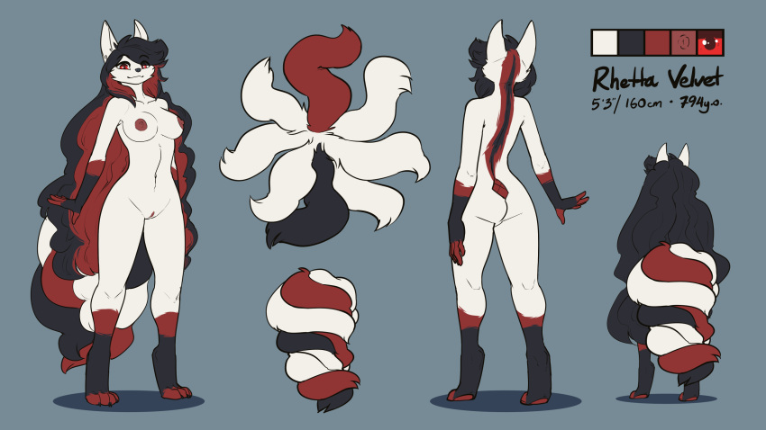 black_body black_fur black_hair breasts canid canine feretta fox fox_spirit fur genitals hair hi_res mammal model_sheet multi_tail nude pussy red_body red_eyes red_fur red_hair rhetta_velvet simple_background standing tail white_body white_fur