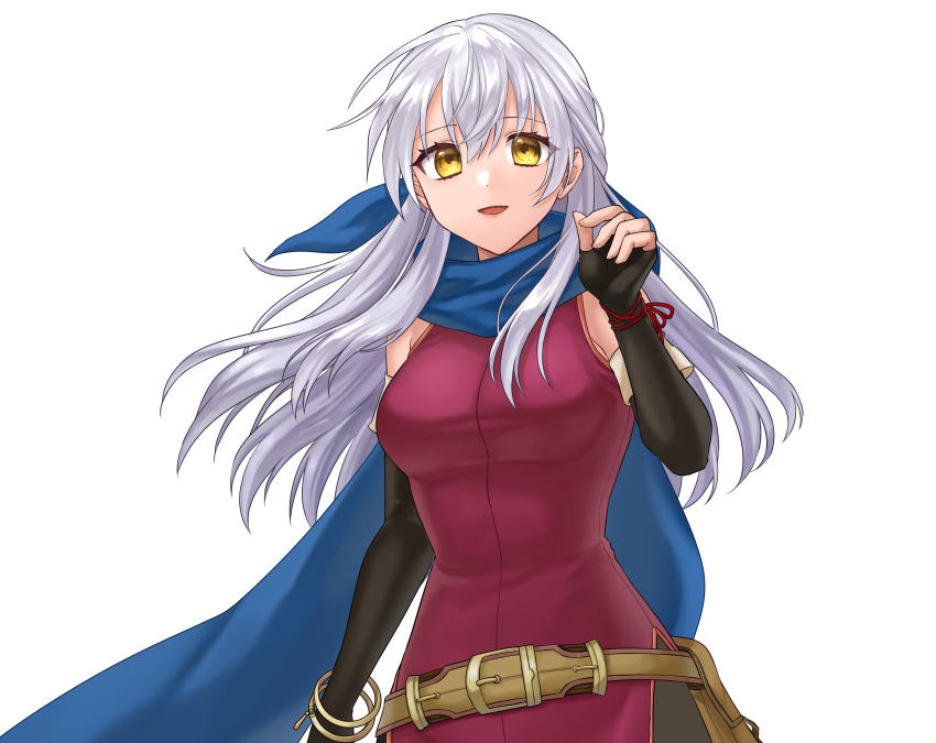 1girl :d absurdres bangle bare_shoulders belt black_gloves blue_scarf bracelet breasts brown_belt commentary_request commission dress elbow_gloves fingerless_gloves fire_emblem fire_emblem:_radiant_dawn gloves hair_between_eyes hazuki_(nyorosuke) highres jewelry large_breasts long_hair looking_at_viewer micaiah_(fire_emblem) open_mouth purple_dress scarf simple_background skeb_commission sleeveless sleeveless_dress smile solo upper_body very_long_hair white_background white_hair yellow_eyes