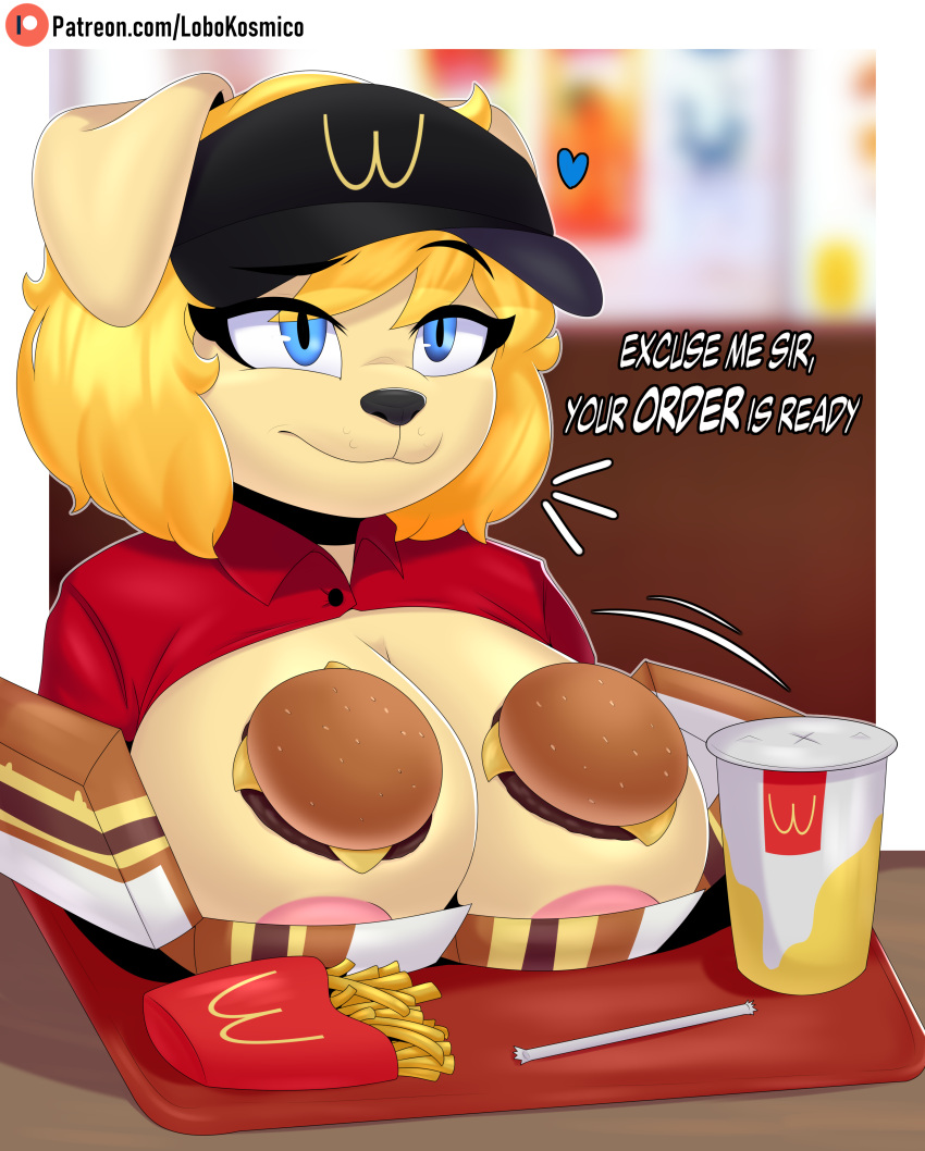 absurd_res anthro areola beverage big_breasts bird_dog blonde_hair blue_eyes blurred_background breasts burger canid canine canis clothed clothing curvy_figure digital_drawing_(artwork) digital_media_(artwork) domestic_dog english_text female food fries fur golden_retriever hair hi_res hunting_dog lobokosmico mammal marzia_(lobokosmico) mcdonald's presenting presenting_breasts retriever shirt shirt_up short_hair short_stack simple_background solo straw text topwear tray uniform yellow_body yellow_fur your_order_is_ready_(meme)