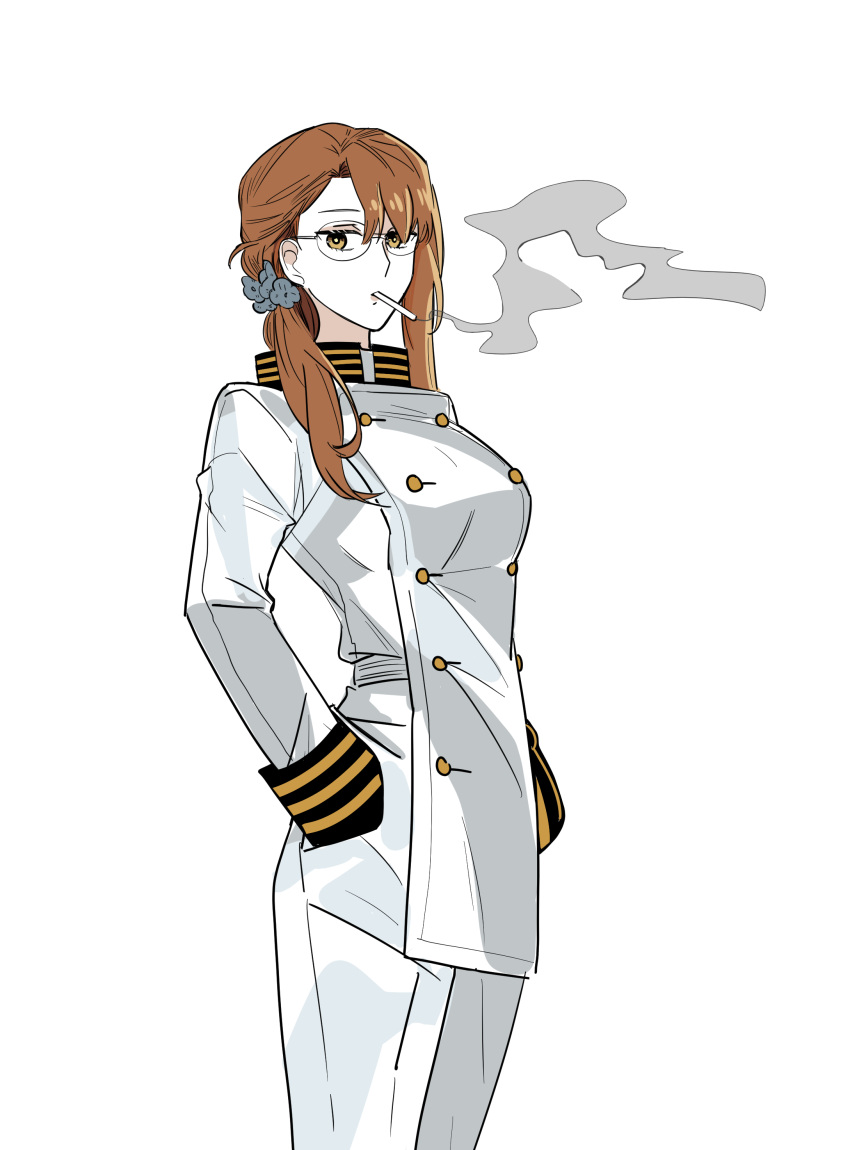 1girl absurdres aozaki_touko cigarette fate_(series) glasses hands_in_pockets highres looking_at_viewer lord_el-melloi_ii_case_files orange_eyes orange_hair side_ponytail simple_background smoke smoking solo uniform upper_body user_sjcj5753 white_background