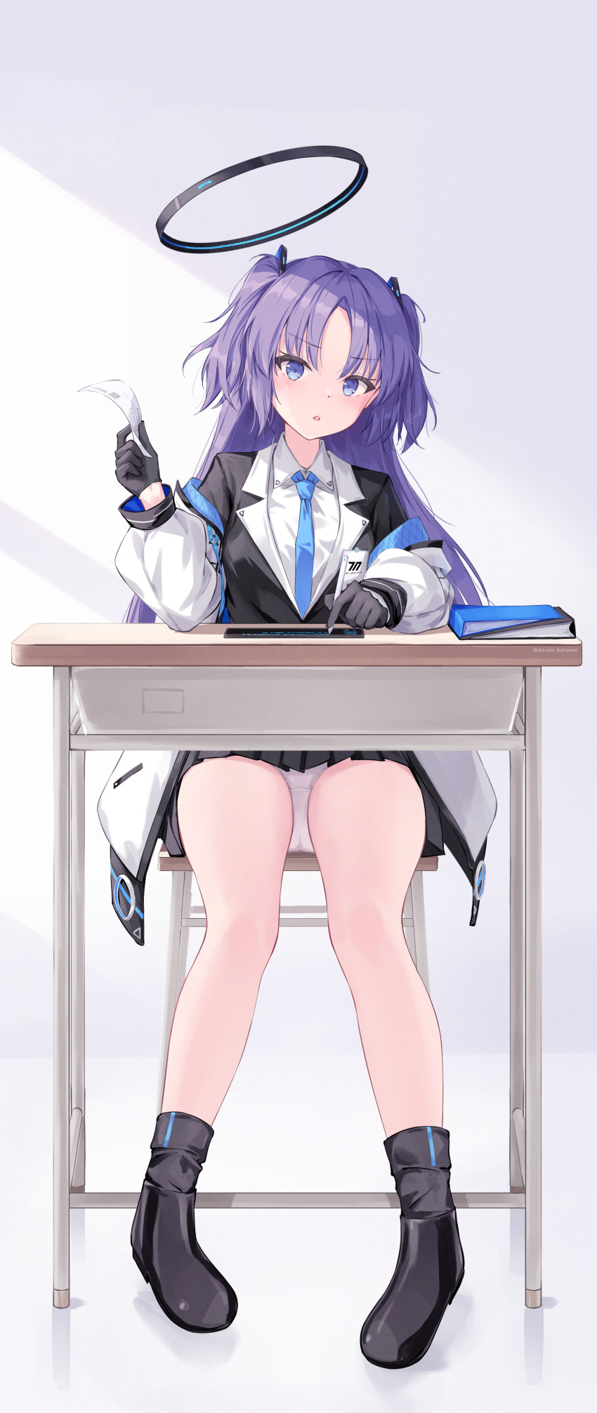 1girl absurdres bangs black_footwear black_gloves black_jacket black_skirt blue_archive blue_hair blue_necktie boots collared_shirt commentary daidai_(daidai826) desk full_body gloves halo head_tilt highres holding holding_pen jacket legs long_hair long_sleeves looking_at_viewer mechanical_halo miniskirt necktie off_shoulder on_chair open_clothes open_jacket open_mouth panties pantyshot parted_bangs pen pleated_skirt school_desk shirt sidelocks simple_background sitting skirt solo two_side_up underwear uniform v-shaped_eyebrows white_background white_jacket white_panties white_shirt yuuka_(blue_archive)