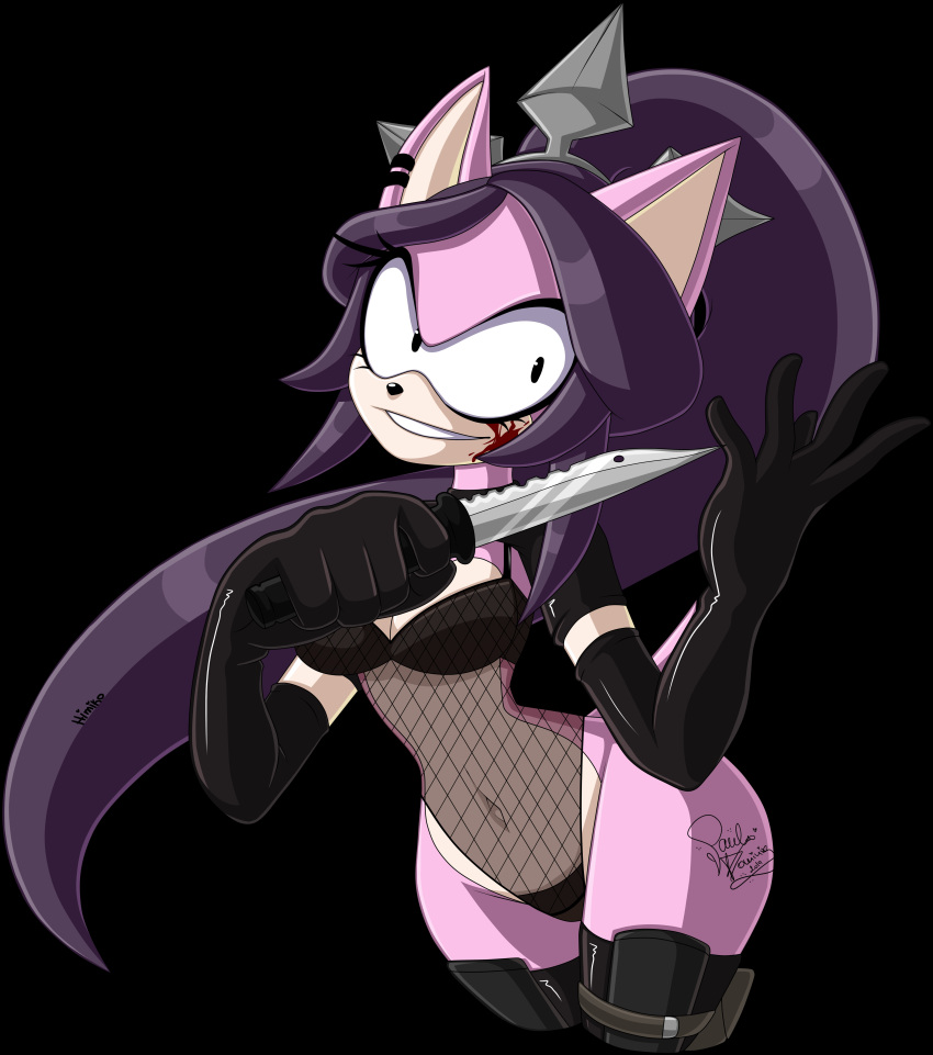 2019 absurd_res anthro armwear blood bodily_fluids boots bra clothing ear_piercing elbow_gloves fan_character female fishnet_bodysuit footwear gloves handwear hi_res knife latex latex_boots latex_clothing latex_gloves legwear looking_at_viewer navel piercing rubber rubber_boots sega solo sonic_the_hedgehog_(series) star_the_spineless_hedgehog thigh_boots thigh_highs underwear vacant_eyes xhimikox