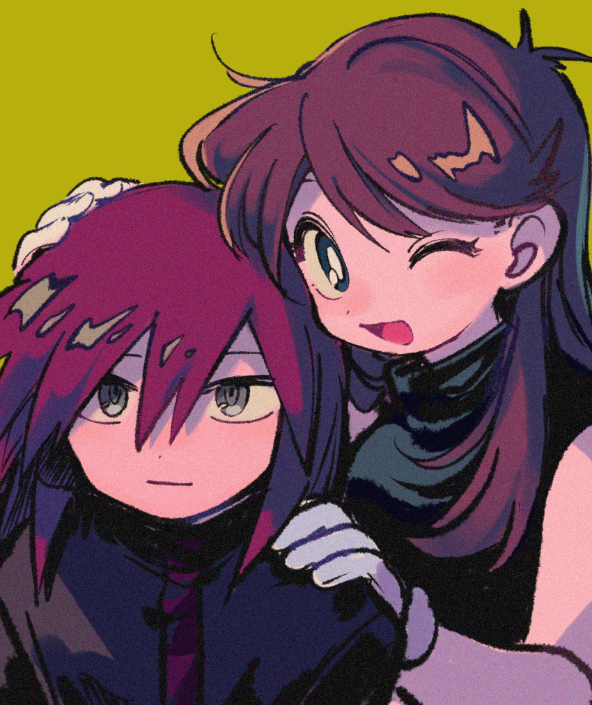 1boy 1girl ;d bangs bare_arms black_dress bright_pupils brown_hair closed_mouth commentary_request dress gloves green_(pokemon) green_background green_eyes grey_eyes hair_between_eyes hand_on_another's_head hand_on_another's_shoulder highres jacket long_hair looking_at_viewer ok_ko19 one_eye_closed open_mouth pokemon pokemon_adventures silver_(pokemon) sleeveless sleeveless_dress smile upper_body white_pupils
