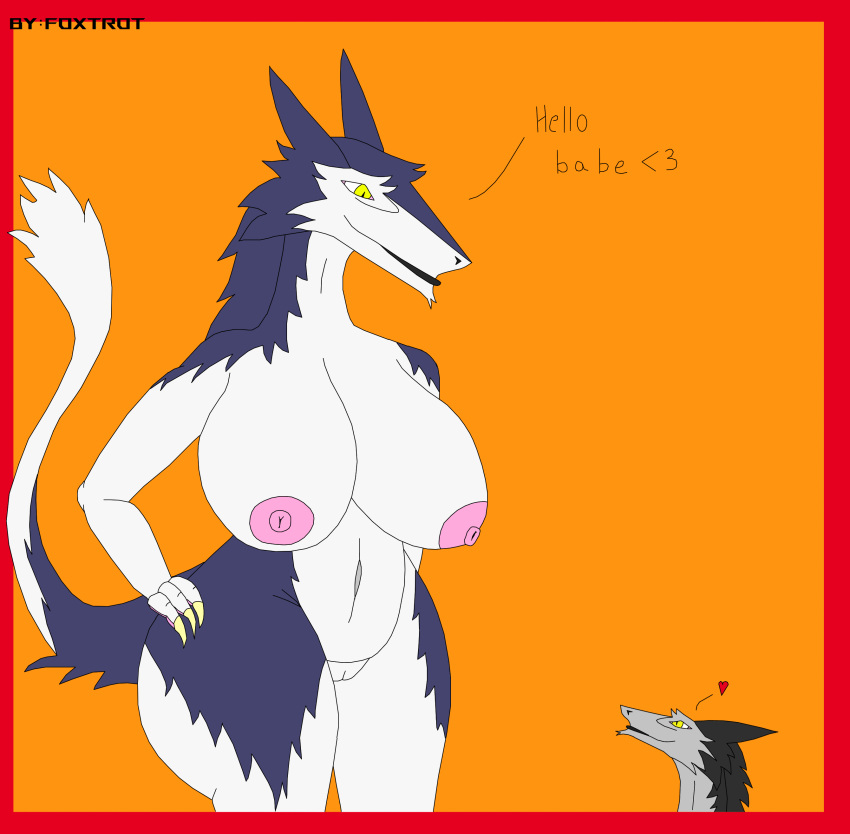 &lt;3 absurd_res after_growth anthro big_breasts breasts duo female foxtrot_borkvon foxtrotthesergal fur genitals grey_body grey_fur hand_on_hip hi_res huge_breasts macro male male/female purple_body purple_fur pussy sergal simple_background size_difference smile tail tail_tuft text tuft white_body white_fur wide_hips yellow_eyes