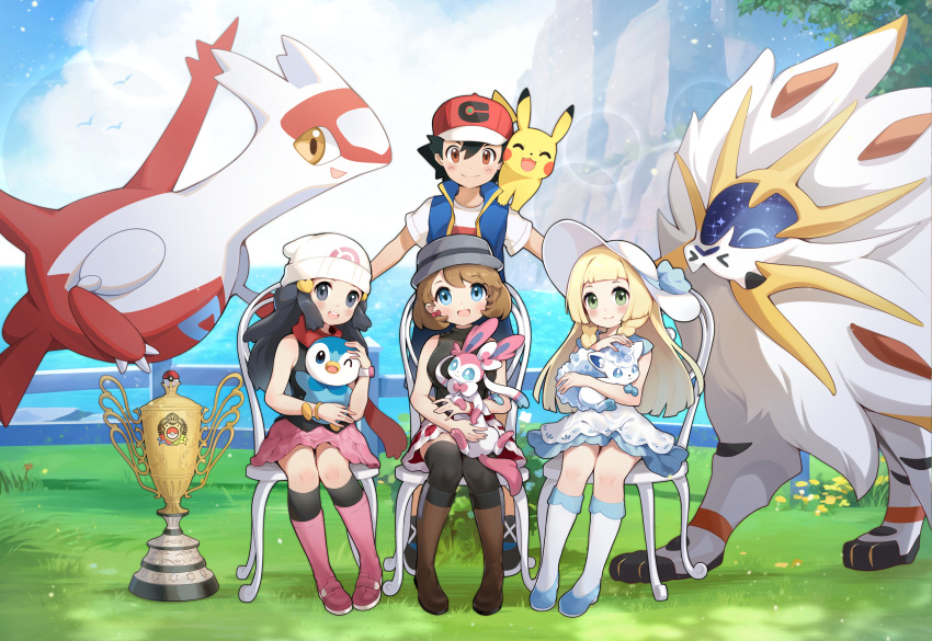 1boy 3girls absurdres alolan_vulpix ash_ketchum bangs beanie black_hair black_shirt blonde_hair blue_eyes blue_footwear blue_jacket blush boots braid brown_footwear chair closed_mouth commentary_request dawn_(pokemon) day earrings grass grey_headwear hair_between_eyes hair_ornament hairclip hat hat_ribbon highres jacket jewelry kneehighs knees latias lillie_(pokemon) long_hair multiple_girls okazakileo on_shoulder open_mouth outdoors pikachu pink_footwear pink_skirt piplup pokemon pokemon_(anime) pokemon_(creature) pokemon_journeys pokemon_on_shoulder red_headwear red_scarf ribbon scarf serena_(pokemon) shirt shoes short_sleeves sidelocks sitting skirt sleeveless sleeveless_jacket sleeveless_shirt smile socks solgaleo sun_hat sylveon t-shirt trophy twin_braids white_headwear white_shirt white_socks