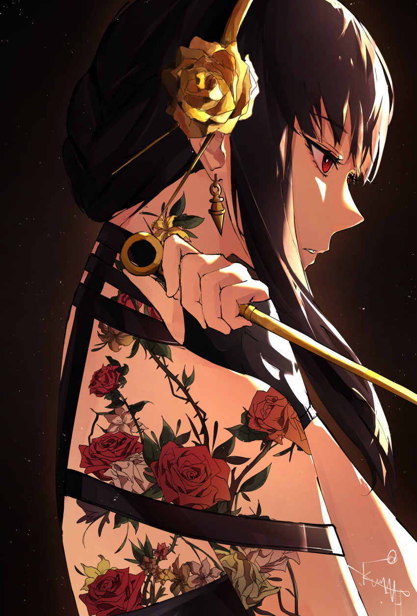 1girl absurdres bangs bare_shoulders dagger dress earrings flower gold_earrings gold_hairband hairband highres holding holding_dagger holding_knife holding_weapon jewelry knife kumah_dessu long_hair petals red_flower red_rose rose rose_petals short_hair_with_long_locks shoulder_tattoo sleeveless spy_x_family stiletto_(weapon) tattoo thorns two-sided_dress two-sided_fabric weapon yor_briar