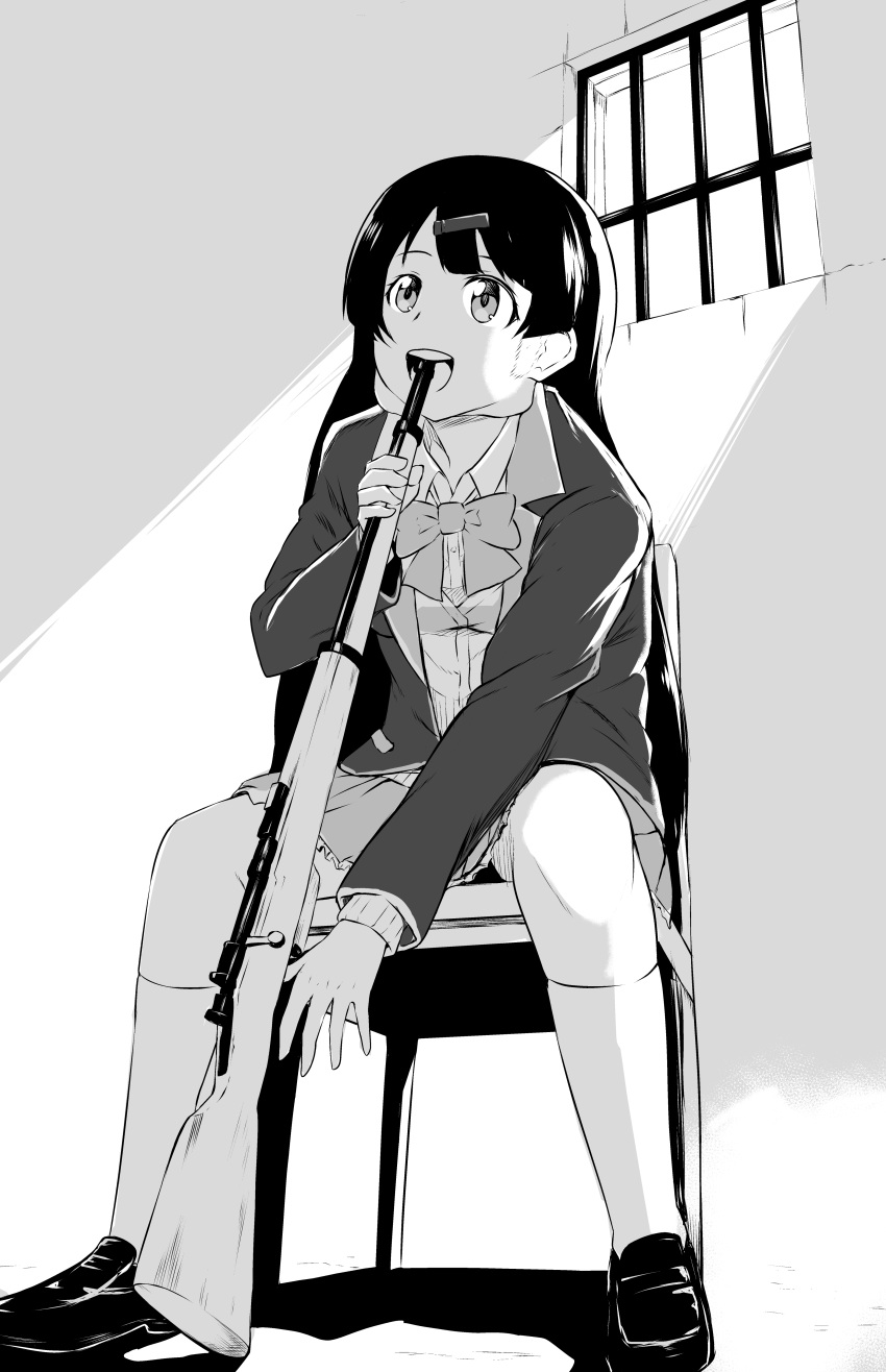 1girl a-kiraa_(whisper) absurdres animegao barred_window black_hair blazer bolt_action bow bowtie cardigan chair collared_shirt cosplay from_below full_body greyscale gun gun_fellatio_(shingeki_no_kyojin) gun_in_mouth hair_ornament hairclip highres hime_cut holding holding_gun holding_weapon imminent_suicide jacket kigurumi light_rays loafers long_hair monochrome nazono_mito nijisanji open_mouth parody pleated_skirt prison_cell rifle scene_reference school_uniform shingeki_no_kyojin shirt shoes sitting skirt smile solo sunbeam sunlight thighhighs tsukino_mito virtual_youtuber weapon wig