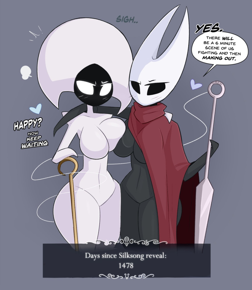 &lt;3 anthro arthropod big_breasts black_body breasts cloak clothing duo empty_eyes english_text featureless_breasts featureless_crotch female female/female hi_res hollow_knight hollow_knight:_silksong hornet_(hollow_knight) insect kilinah lace_(hollow_knight) nail_(weapon) non-mammal_breasts nude question_mark speech_bubble team_cherry text thick_thighs white_body wide_hips