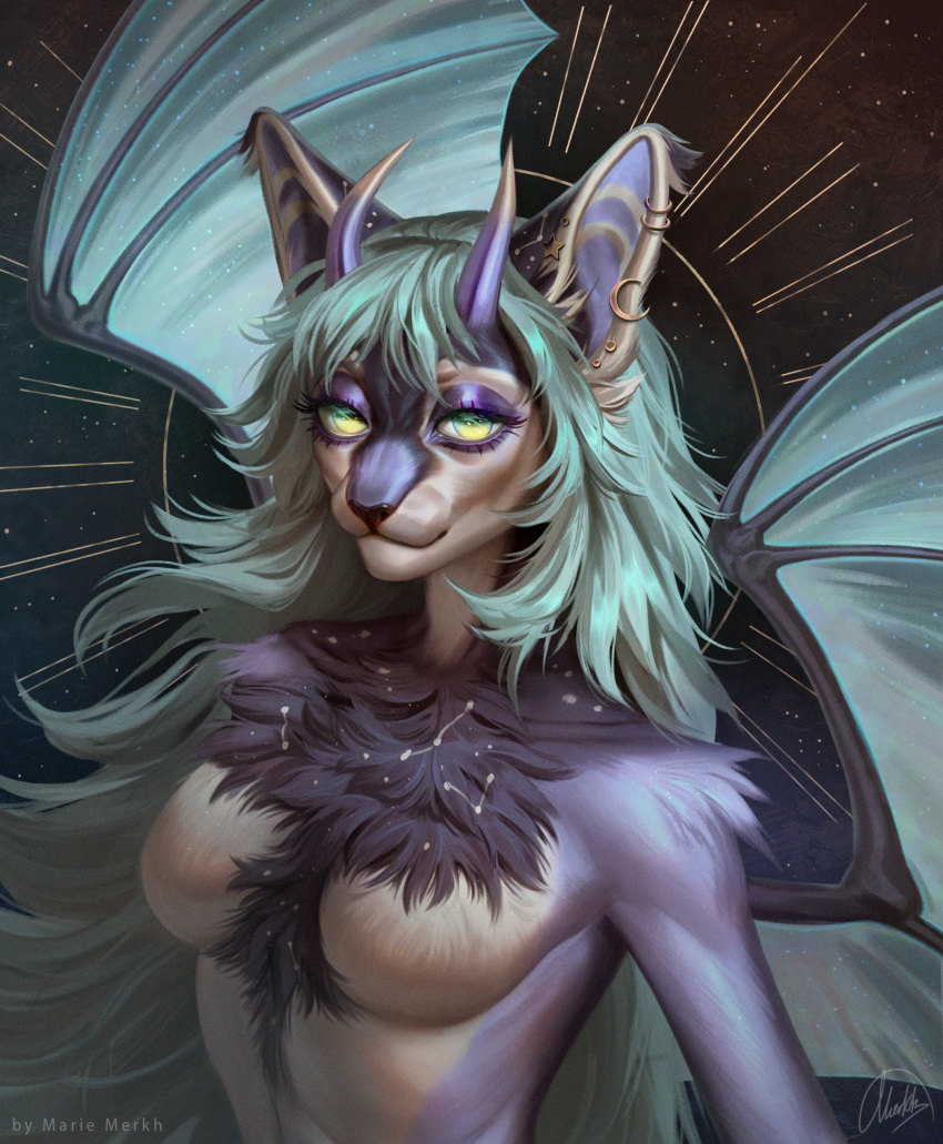 abstract_background absurd_res anthro artist_name blue_hair blue_wings breasts ear_piercing ear_ring ear_stud eyelashes featureless_breasts female fur glistening glistening_eyes green_eyes hair hi_res horn looking_at_viewer marie_merkh membrane_(anatomy) membranous_wings mouth_closed nude piercing purple_body purple_fur purple_horn ring_piercing signature solo tan_body tan_fur wings
