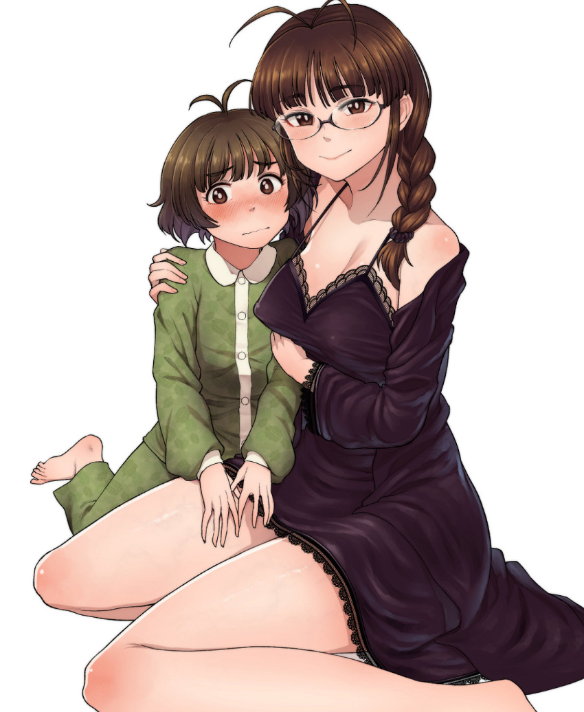 1boy 1girl age_difference akizuki_ritsuko akizuki_ryo antenna_hair bare_shoulders blush braid braided_ponytail breasts bright_pupils brown_hair chiaki_rakutarou cleavage collarbone cousins dress embarrassed full-face_blush glasses green_pajamas hand_on_another's_shoulder highres idolmaster idolmaster_(classic) idolmaster_dearly_stars large_breasts looking_at_viewer pajamas purple_dress siblings simple_background sitting smile white_background yokozuwari