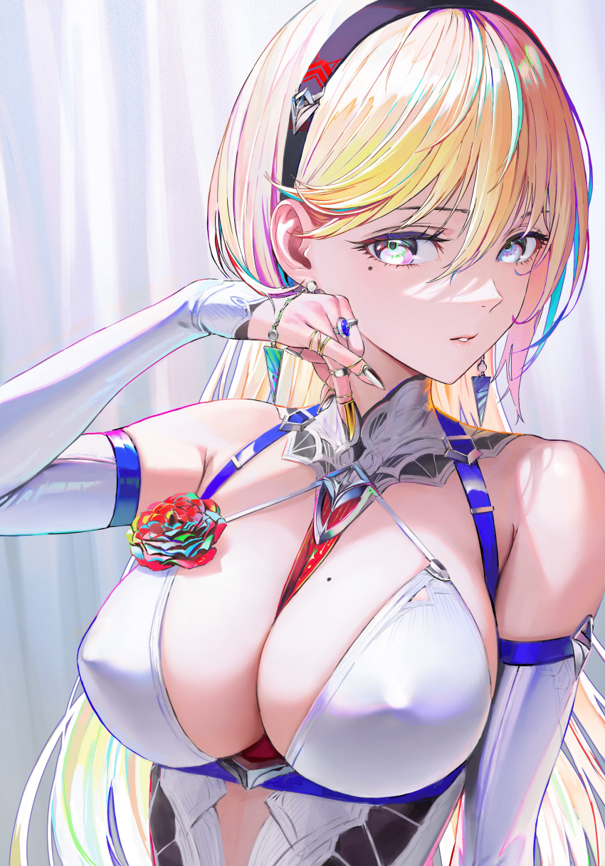 1girl absurdres bangs bare_shoulders blonde_hair breasts claw_ring cleavage covered_nipples detached_collar earrings elbow_gloves flower gloves hairband highres jewelry large_breasts lips long_hair looking_at_viewer mole mole_under_eye multicolored_eyes multicolored_hair nababa original parted_lips rose solo