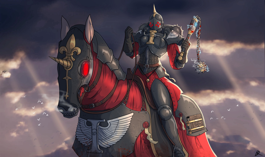 1girl absurdres adepta_sororitas armor bird cloud cloudy_sky club_(weapon) electricity glowing glowing_eyes helmet highres holding_flail horse horseback_riding incense kabewski light_rays parchment pauldrons power_armor riding shoulder_armor sky smoke spiked_club spiked_helmet warhammer_40k weapon