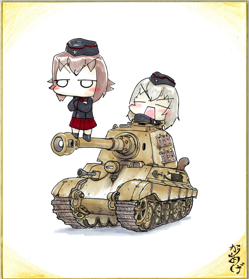 2girls absurdres blush brown_hair friedchicken_(huzimizawa) girls_und_panzer highres itsumi_erika kuromorimine_military_uniform military military_vehicle motor_vehicle multiple_girls nishizumi_maho painting_(medium) serious tank tiger_ii traditional_media vehicle_focus watercolor_(medium)