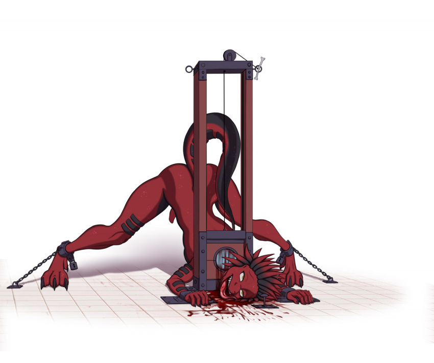 blood bodily_fluids conquistabear death decapitation execution furx_(character) gore guillotine lizard male red_body reptile restraints scalie simple_background snuff solo tongue yellow_eyes