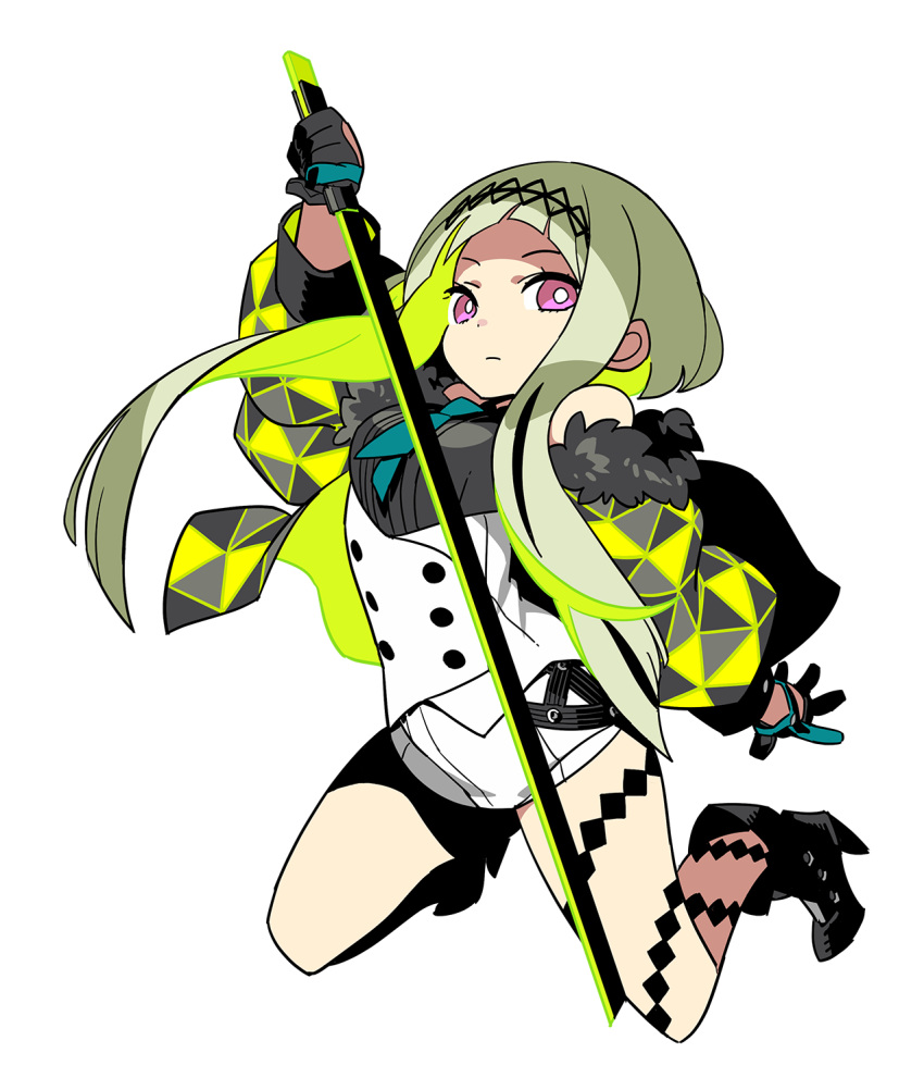 1girl bare_shoulders black_footwear black_gloves blue_necktie boots colored_inner_hair expressionless full_body fur-trimmed_jacket fur_trim gloves green_hair high_heel_boots high_heels highres himukai_yuuji holding holding_sword holding_weapon jacket kneeling long_hair looking_at_viewer multicolored_hair necktie off_shoulder official_art open_clothes open_jacket pink_eyes ringo_(soul_hackers_2) sekaiju_no_meikyuu sekaiju_no_meikyuu_hd shirt shorts sleeveless sleeveless_shirt solo soul_hackers soul_hackers_2 sword weapon