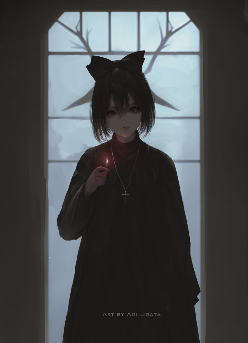 1girl aoi_ogata artist_name bangs black_bow black_hair black_robe bow closed_mouth cross fire flame hair_between_eyes hair_bow highres holding indoors jewelry looking_at_viewer matches necklace original robe short_hair solo standing window