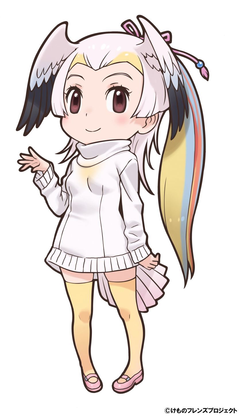 1girl absurdres bird_girl bird_tail bird_wings black_eyes black_hair blonde_hair blue_hair closed_mouth great_white_pelican_(kemono_friends) highres kemono_friends kneehighs long_hair looking_at_viewer multicolored_hair official_art pink_hair red_hair ribbon shoes socks solo sweater tail white_background wings yoshizaki_mine