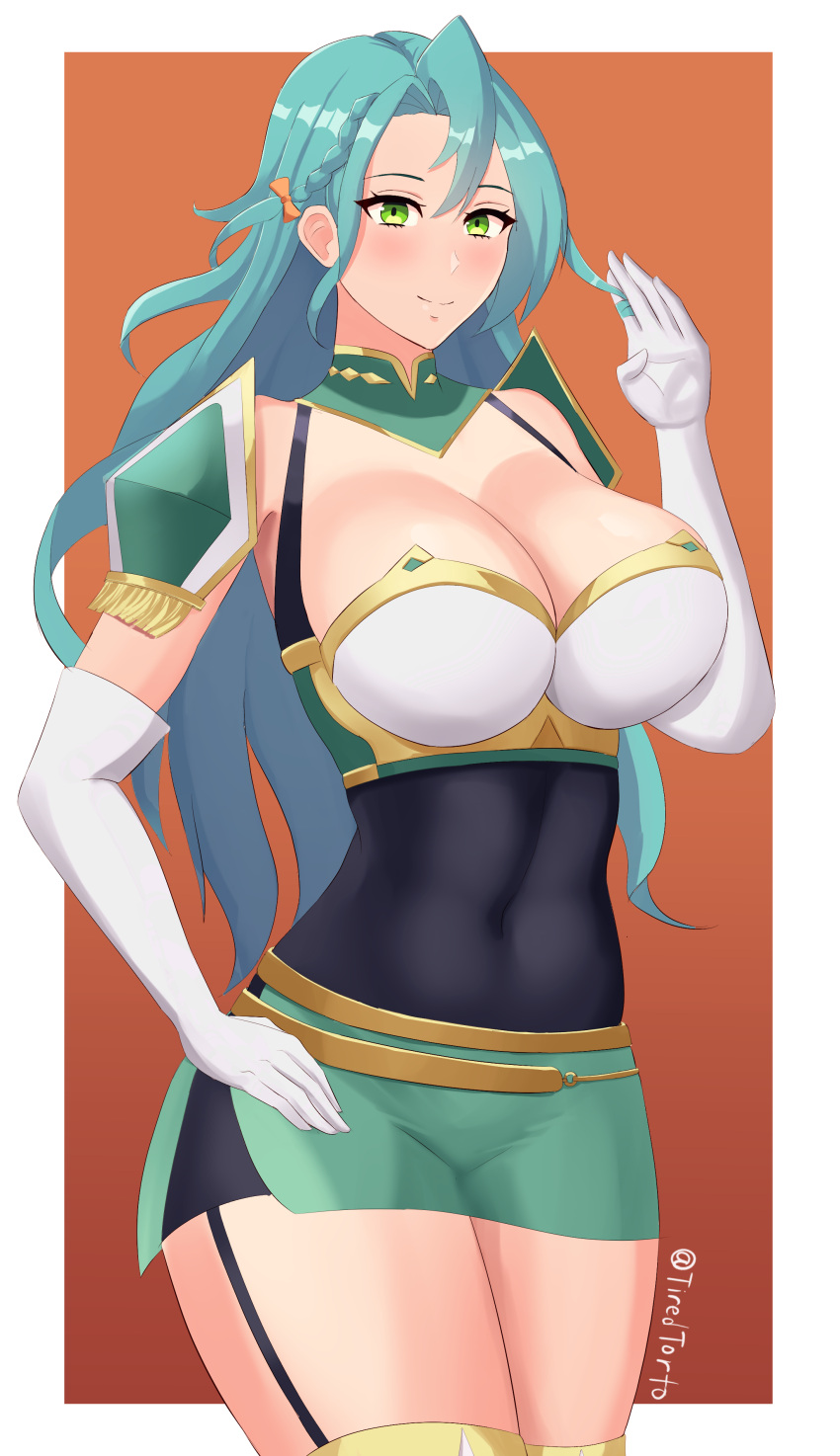 1girl absurdres aqua_hair bare_shoulders blush border bow breasts chloe_(fire_emblem) cleavage commentary covered_navel cowboy_shot elbow_gloves english_commentary fire_emblem fire_emblem_engage garter_straps gloves green_eyes green_skirt hair_bow hand_up highres large_breasts long_hair looking_at_viewer microskirt orange_background orange_bow outside_border pencil_skirt skirt smile solo standing thighs tiredtorto very_long_hair white_border white_gloves