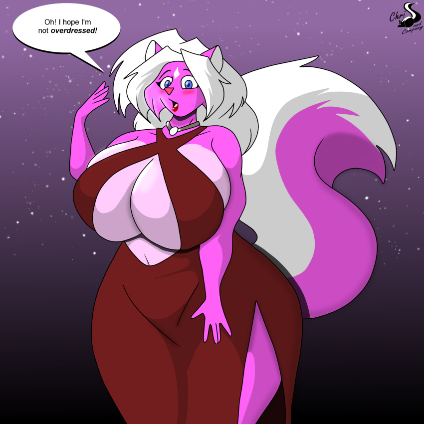 anthro big_breasts blue_eyes blush breasts chrisandcompany clothing date dialogue digital_drawing_(artwork) digital_media_(artwork) dress facial_markings female forehead_markings fur gradient_background hair hand_on_leg head_markings hi_res holidays huge_breasts jewelry lipstick lucy_skye_diamond makeup mammal markings mephitid navel necklace pink_body pink_fur pink_nose pink_tail red_clothing red_dress red_lipstick simple_background skunk slit_dress solo speech_bubble tail two_tone_tail valentine's_day watermark white_hair white_tail wide_hips