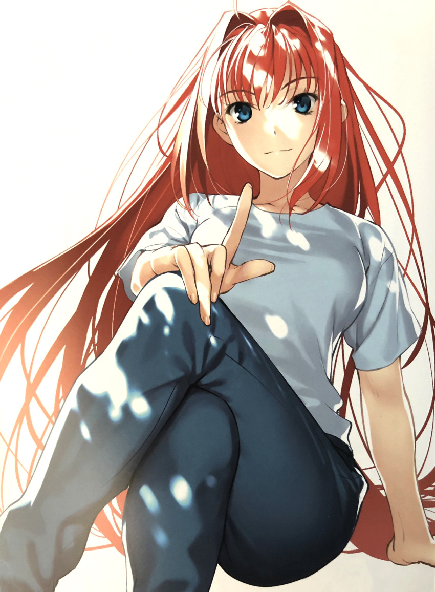 1girl aozaki_aoko bangs blue_eyes blue_pants collarbone crossed_legs denim feet_out_of_frame hair_intakes highres jeans koyama_hirokazu long_hair looking_at_viewer mahou_tsukai_no_yoru pants red_hair shirt simple_background smile solo t-shirt third-party_source tsukihime white_background white_shirt