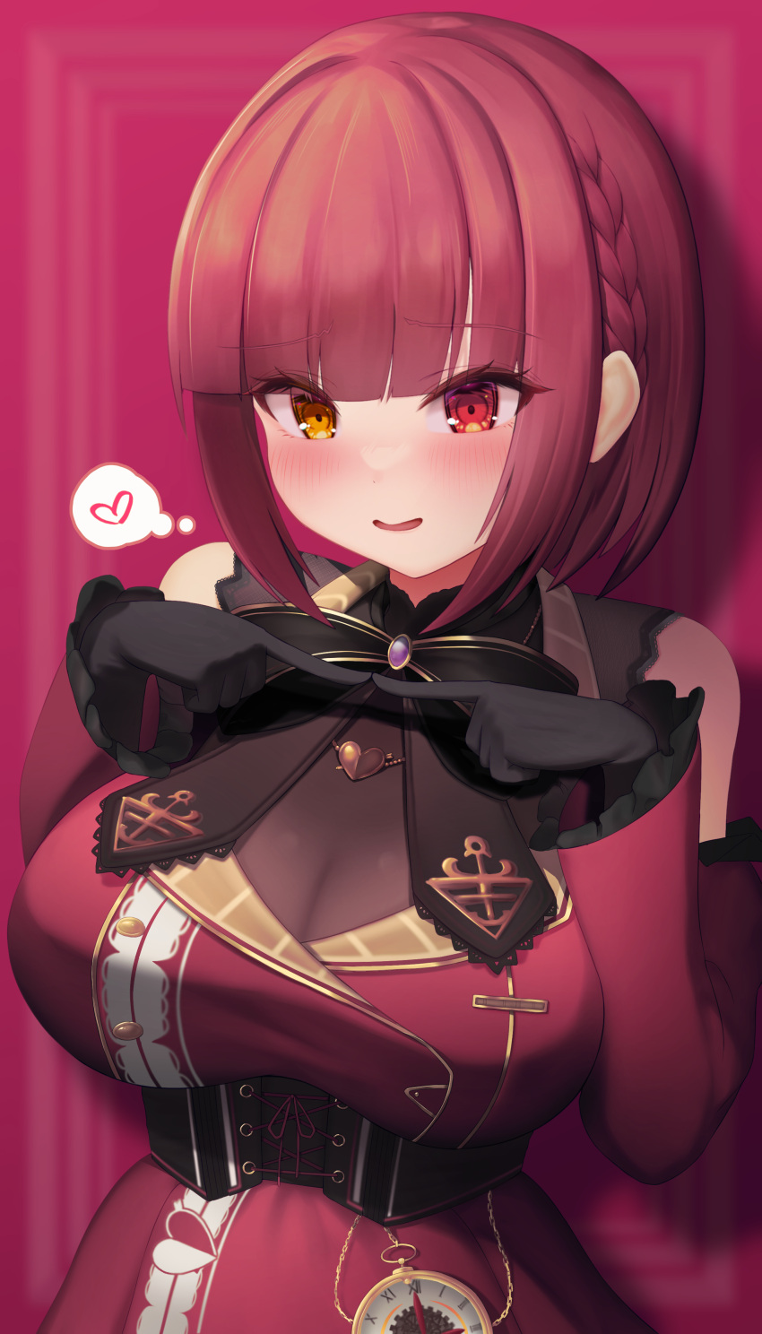 1girl absurdres bangs bare_shoulders black_bow black_bowtie black_gloves bow bowtie breasts cleavage corset detached_sleeves dress frilled_dress frilled_sleeves frills gloves heart heart_necklace heterochromia highres hololive houshou_marine jewelry large_breasts looking_at_viewer necklace nokonata open_mouth pocket_watch red_dress red_eyes red_hair red_sleeves short_dress short_hair sleeveless sleeveless_dress smile solo underbust virtual_youtuber watch yellow_eyes
