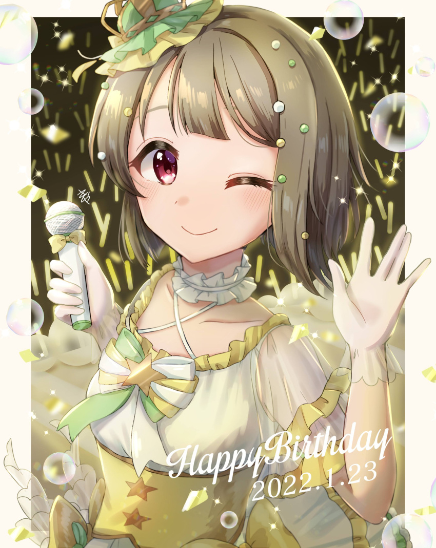 1girl absurdres bangs birthday blush breasts bubble collarbone commentary confetti dated dress english_text gloves glowstick grey_hair hair_ornament happy_birthday headgear highres holding holding_microphone kyaku_tatsu looking_at_viewer love_live! love_live!_nijigasaki_high_school_idol_club microphone nakasu_kasumi red_eyes sidelocks signature small_breasts smile solo sparkle upper_body yellow_dress