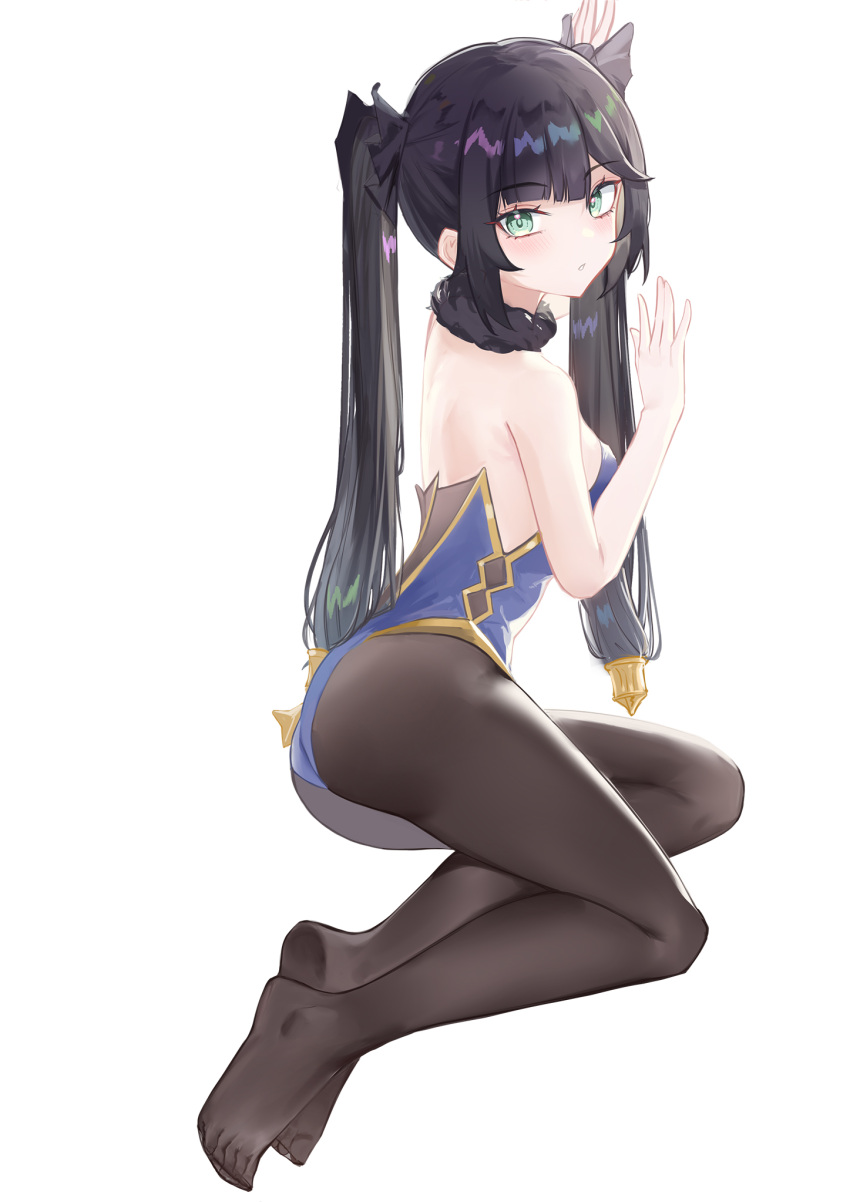 1girl arm_up back backless_leotard bare_back black_hair black_pantyhose black_ribbon blue_leotard blush detached_collar feet full_body fur_collar genshin_impact gold_trim green_eyes hair_ribbon hand_up highres leotard lim_(ramu) long_hair looking_at_viewer mona_(genshin_impact) no_capelet no_gloves no_headwear no_shoes pantyhose parted_lips ponytail_holder ribbon see-through see-through_legwear simple_background sitting solo straight_hair strapless strapless_leotard thighs toes twintails very_long_hair white_background