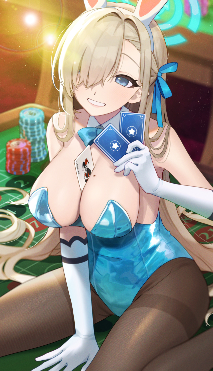 13_(spice!!) 1girl animal_ears armpits ass asuna_(blue_archive) asuna_(bunny)_(blue_archive) bangs black_pantyhose blue_archive blue_eyes blurry bow breasts card casino cleavage coin commentary_request depth_of_field detached_collar elbow_gloves fake_animal_ears gloves hair_bow hair_over_one_eye hair_ribbon hairband halo highleg highleg_leotard highres holding holding_card indoors large_breasts leotard light_brown_hair long_hair looking_at_viewer mole mole_on_breast object_on_breast official_alternate_costume pantyhose playboy_bunny playing_card rabbit_ears ribbon sidelocks sitting sleeveless solo strapless strapless_leotard table wariza white_gloves