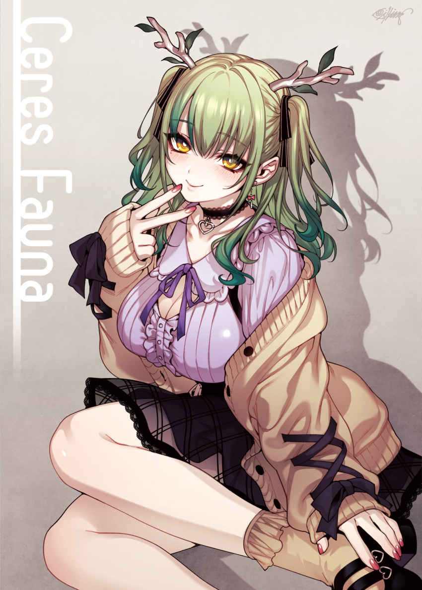 1girl bangs bare_legs branch breasts ceres_fauna choker cleavage_cutout clothing_cutout collarbone fishine frills green_hair highres hololive hololive_english horns large_breasts leaf looking_at_viewer loose_clothes medium_hair oversized_clothes see-through see-through_skirt shoes sitting skirt smile socks twintails virtual_youtuber wavy_hair yellow_eyes