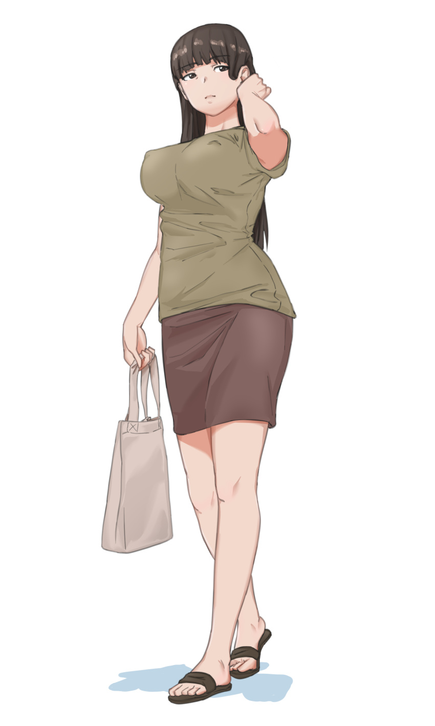 1girl absurdres bag breasts brown_dress brown_hair covered_nipples dress girls_und_panzer green_shirt highres huaronanago large_breasts long_hair mature_female nishizumi_shiho shirt skirt slippers