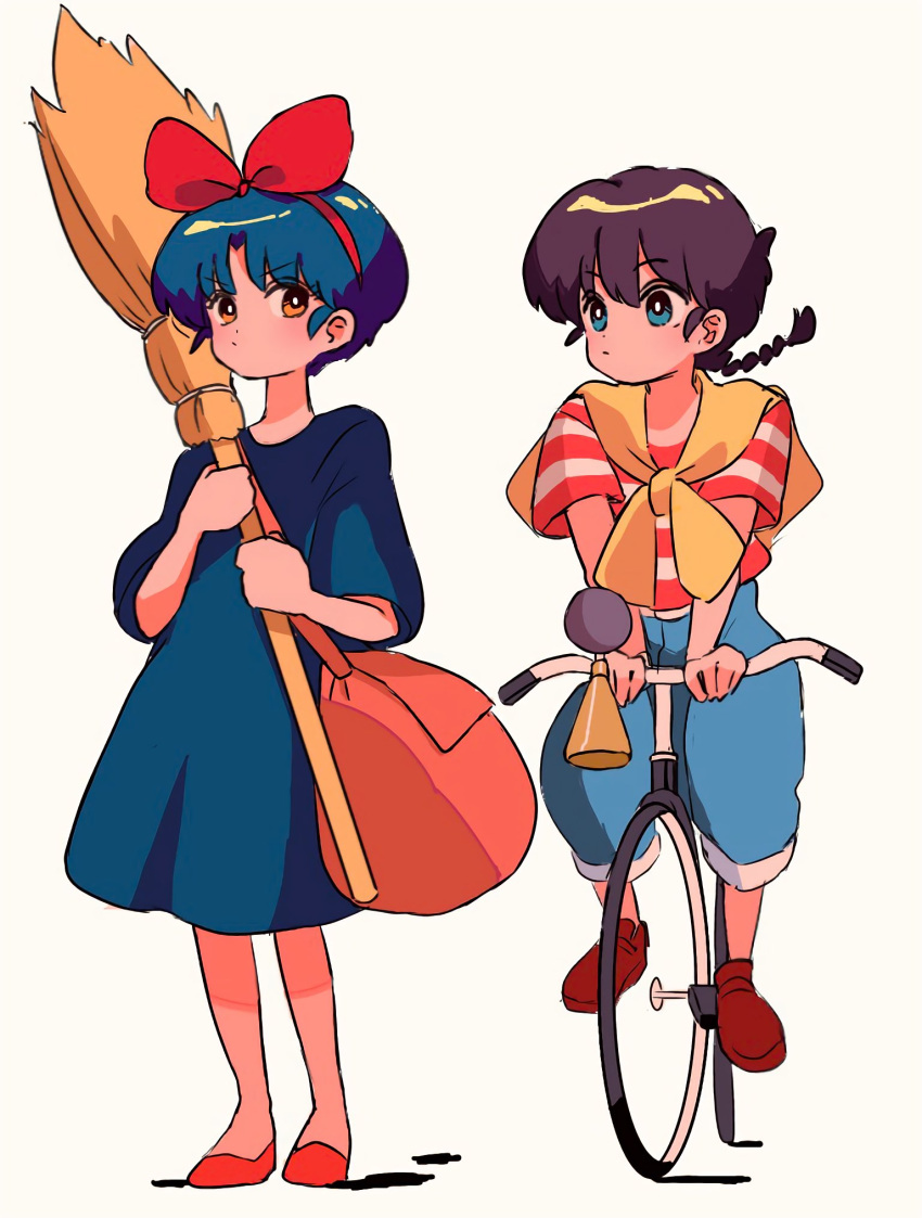 1boy 1girl bag bicycle blue_hair bow brown_footwear cosplay ground_vehicle hair_between_eyes highres kiki_(majo_no_takkyuubin) kiki_(majo_no_takkyuubin)_(cosplay) majo_no_takkyuubin ranma_1/2 red_bow red_footwear sanamaru_(sana79261827) short_hair simple_background studio_ghibli tombo_(majo_no_takkyuubin) tombo_(majo_no_takkyuubin)_(cosplay) white_background