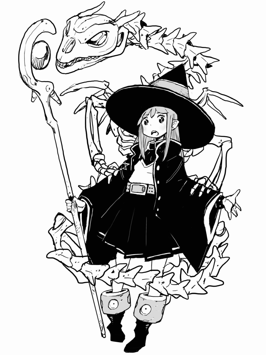 1girl acky_bright belt boots dragon hat hexagram highres holding holding_staff monochrome original pleated_skirt pointy_ears skeleton skirt staff star_of_david witch_hat