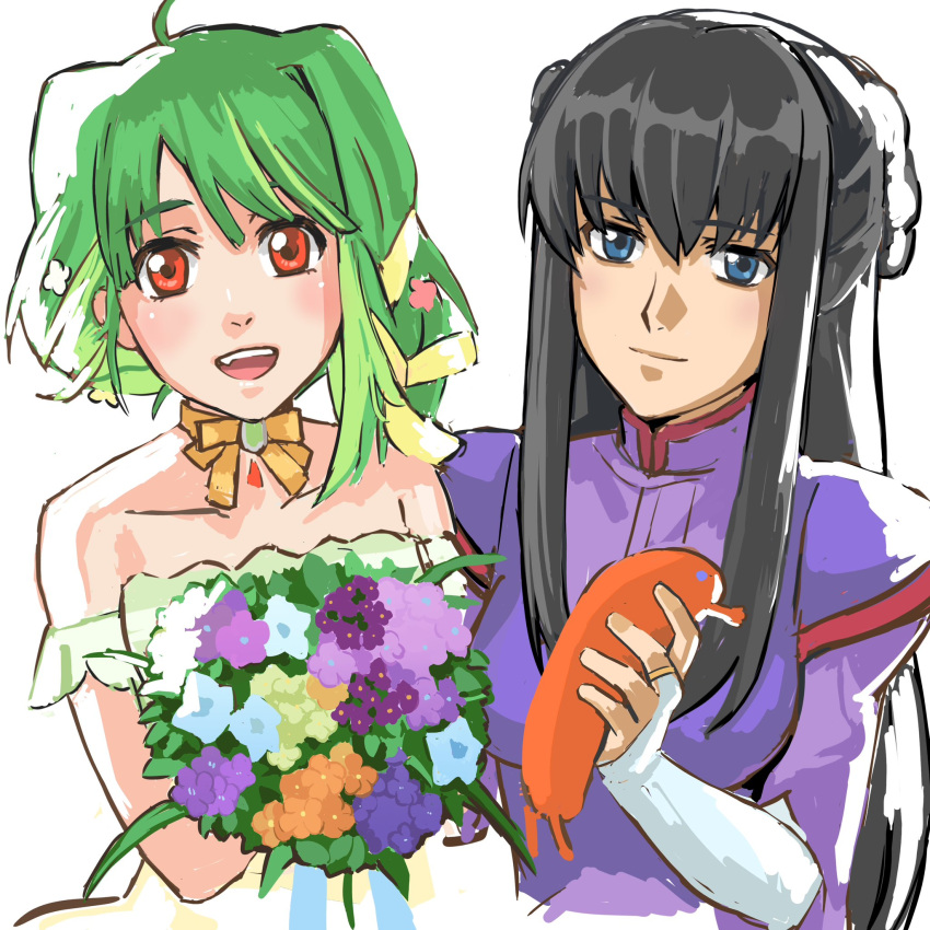 2girls arm_strap bangs black_hair blue_eyes bouquet bow bow_choker breasts choker commission crossover dress green_dress green_hair gundam gundam_00 highres holding holding_bouquet long_hair looking_at_viewer macross macross_frontier marina_ismail medium_breasts multiple_girls nekkikamille oosanshouuo-san orange_eyes purple_dress ranka_lee short_hair smile strapless strapless_dress white_background yellow_bow yellow_choker