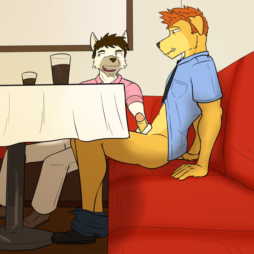 anthro beverage bite biting_lip biting_own_lip bottomwear bottomwear_down canid canine canis clothed clothing collared_shirt container cup domestic_dog drinking_glass duo erection fully_clothed fuze genitals glass glass_container glass_cup handjob hi_res humanoid_genitalia humanoid_penis male male/male mammal necktie pants pants_down partially_clothed penile penis restaurant sex sitting stealth_sex under_table wolfgang_(fuze)