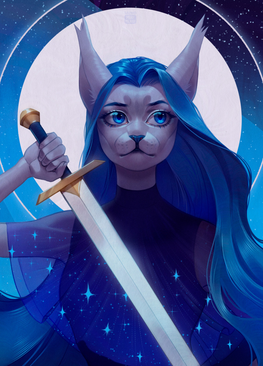 anthro artist_name black_clothing black_topwear blue_eyes blue_hair blue_sky clothed clothing eyelashes felid female front_view fur glistening glistening_eyes grey_body grey_fur hair hi_res holding_object holding_sword holding_weapon long_hair looking_aside mammal marie_merkh melee_weapon mouth_closed simple_background sky solo sword topwear weapon