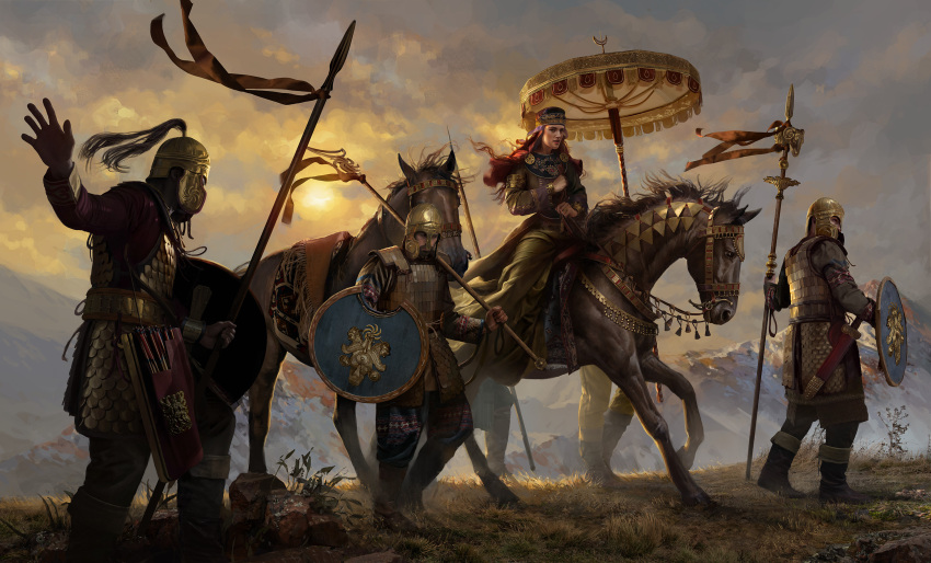 1girl 3boys armor grass helmet highres holding holding_polearm holding_weapon horse multiple_boys original outdoors polearm satinezillah shield spear sword weapon