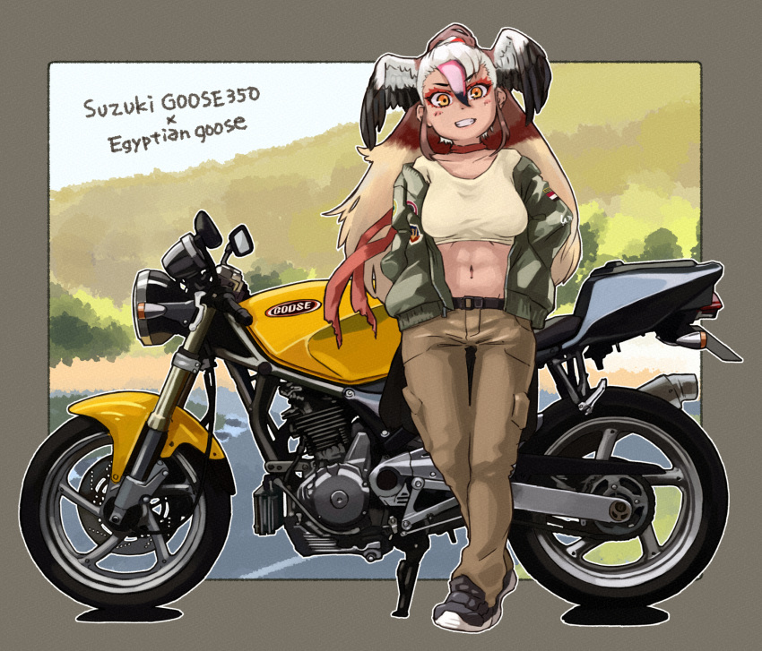 1girl abs alternate_costume belt bird_girl bird_tail bird_wings black_hair border breasts brown_hair brown_pants casual character_name collarbone company_name contemporary cropped_shirt egyptian_goose_(kemono_friends) full_body green_jacket grey_border grin ground_vehicle hair_between_eyes hands_in_pockets head_wings highres jacket kemono_friends leaning_back light_brown_hair long_hair long_sleeves looking_at_viewer makeup medium_breasts midriff motor_vehicle motorcycle multicolored_hair name_connection navel open_clothes open_jacket orange_eyes outside_border pants pink_hair pocket scarf shirt shoes smile solo standing stomach suzuki_(company) tail tan taut_clothes taut_shirt toned toriny vehicle_name very_long_hair white_hair wings yellow_shirt