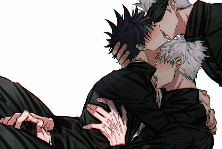 3boys ass_grab black_blindfold black_hair black_jacket black_pants blindfold blue_eyes blush closed_eyes dual_persona french_kiss fushiguro_megumi fushirun_rung gojou_satoru hand_on_another's_head highres hug jacket jujutsu_kaisen kiss korean_commentary licking long_sleeves lying male_focus multiple_boys open_mouth pants shirt spiked_hair tongue tongue_out white_hair yaoi