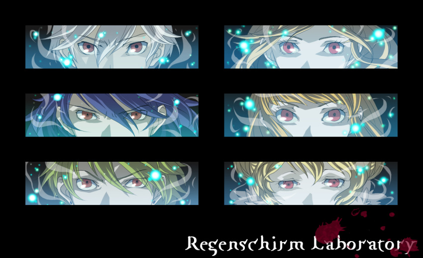 3boys 3girls aura bangs bio_lab blonde_hair blood blood_splatter blue_hair blunt_bangs cecil_damon commentary_request eremes_guile eye_focus floating_hair green_hair hair_between_eyes howard_alt-eisen kathryne_keyron looking_at_viewer margaretha_sorin multiple_boys multiple_girls parody persona persona_3 persona_eyes piyomaru029 ragnarok_online red_eyes seyren_windsor v-shaped_eyebrows white_hair