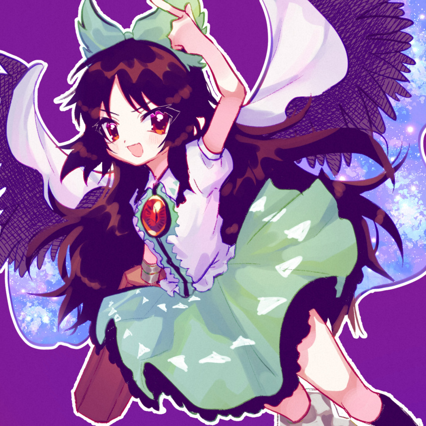 1girl arm_cannon bangs bird_wings black_wings blush bow breasts brown_hair cape collared_shirt commentary_request control_rod dutch_angle feet_out_of_frame frilled_shirt_collar frilled_skirt frills green_bow green_skirt hair_bow highres hitosaji long_hair looking_at_viewer open_mouth outline pointing pointing_up puffy_short_sleeves puffy_sleeves purple_background red_eyes reiuji_utsuho shirt short_sleeves simple_background skirt small_breasts smile solo_focus starry_sky_print third_eye touhou very_long_hair weapon white_cape white_outline white_shirt wings