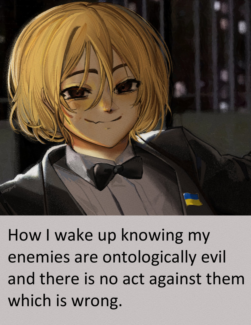 1girl absurdres black_jacket blonde_hair blush brown_eyes closed_mouth collared_shirt fangs formal highres jacket long_sleeves looking_at_viewer marichka medium_hair meme original politics russo-ukrainian_war shirt skin_fangs ukrainian_flag usergore