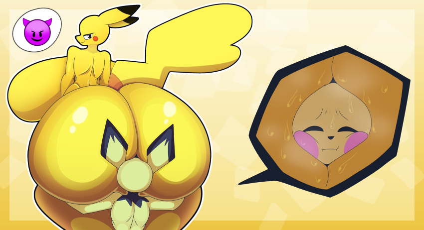 anthro big_breasts big_butt breasts butt duo female fur generation_1_pokemon generation_2_pokemon hi_res huge_breasts huge_butt male male/female mammal mouse murid murine nintendo nude pichu pikachu pokemon pokemon_(species) rodent simple_background smile thiccbuns yellow_body yellow_fur