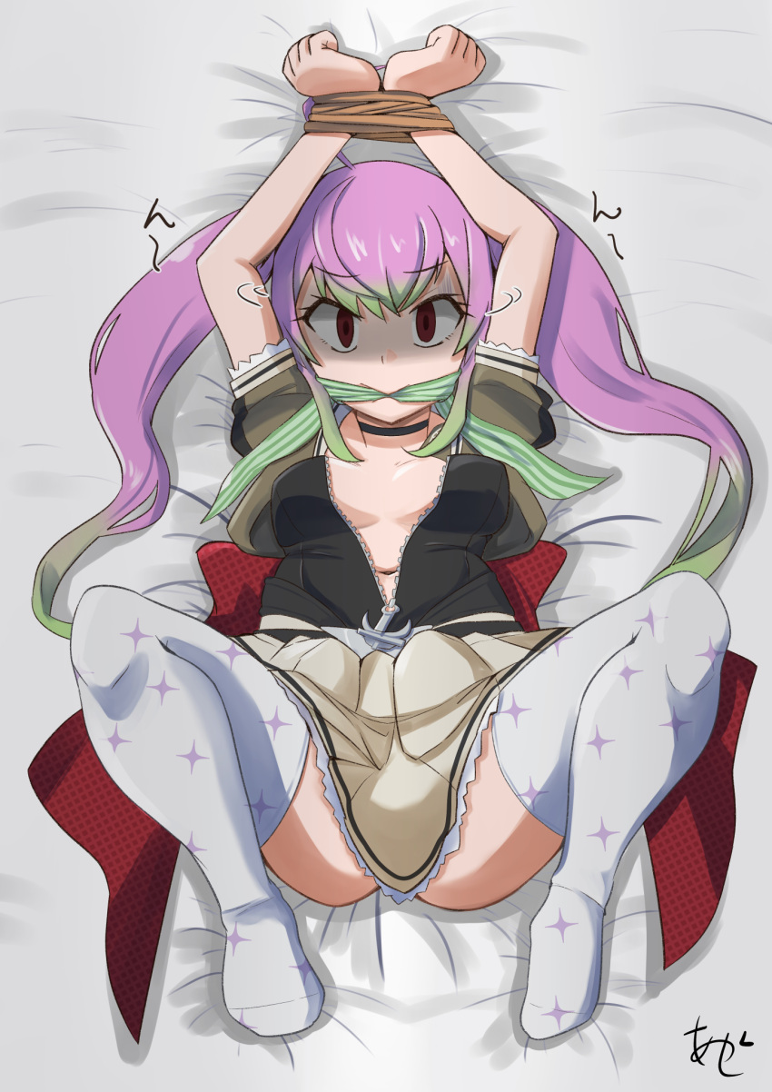 1girl akashieru arms_up bdsm bed_sheet black_choker bound bound_wrists breasts choker gag gagged gradient_hair green_hair highres kantai_collection legs long_hair looking_at_viewer lying momo_(kancolle) multicolored_hair on_back open_clothes pink_hair red_eyes shaded_face short_sleeves skirt solo thighhighs twintails underwear