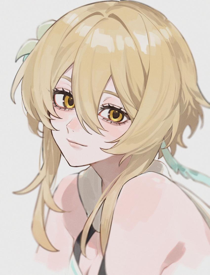 bangs blonde_hair blurry cropped_arms cropped_torso depth_of_field flower genshin_impact hair_between_eyes hair_flower hair_ornament highres itou_(very_ito) lumine_(genshin_impact) sidelocks white_background yellow_eyes