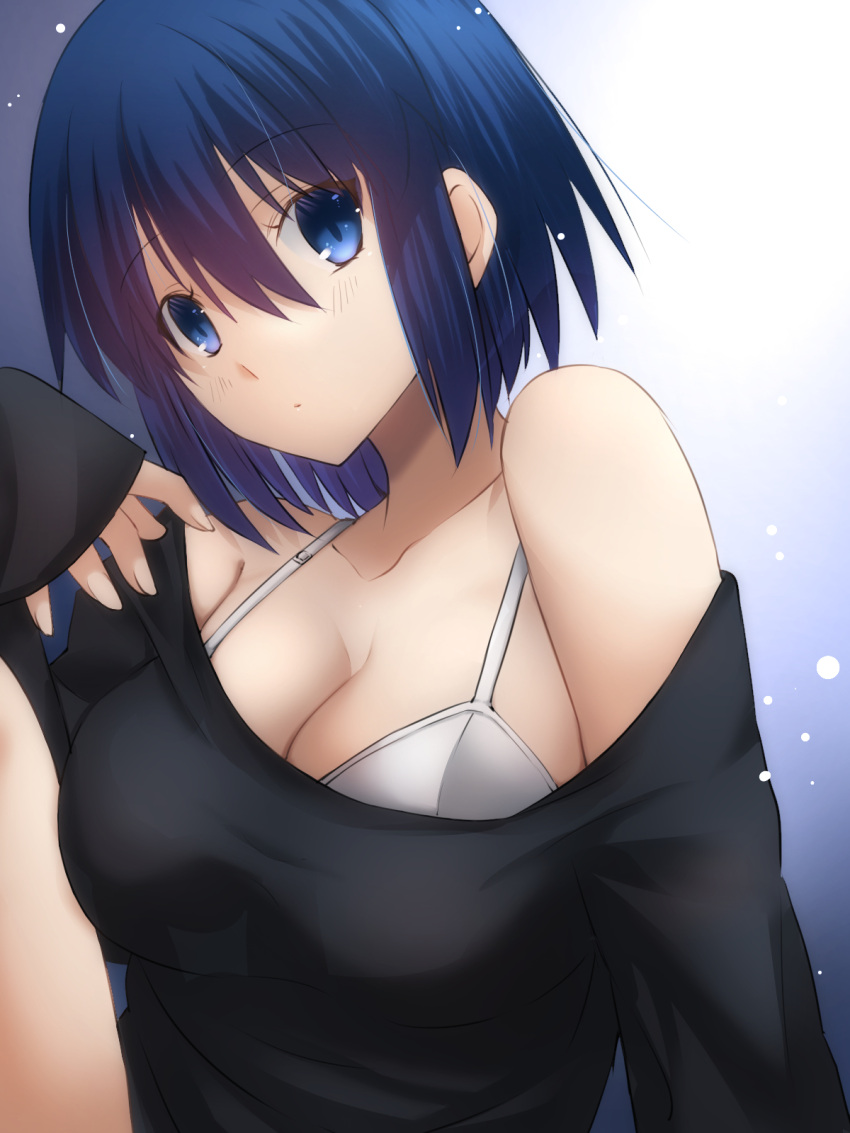 1girl alternate_costume bangs black_shirt blue_eyes blue_hair blush bra breasts ciel_(tsukihime) cleavage collarbone commentary_request fingernails hair_between_eyes highres looking_at_viewer medium_breasts off_shoulder shirt short_hair sleeves_past_wrists solo tsukihime tsukihime_(remake) underwear vent_vert_(kuuya) white_bra