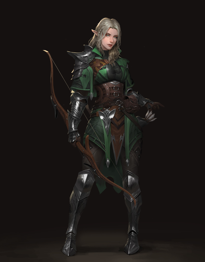 1girl absurdres ajet_(ajh) armor arrow_(projectile) blonde_hair bow_(weapon) elf green_eyes highres holding holding_weapon medium_hair original pauldrons pointy_ears quiver shoulder_armor simple_background single_pauldron weapon